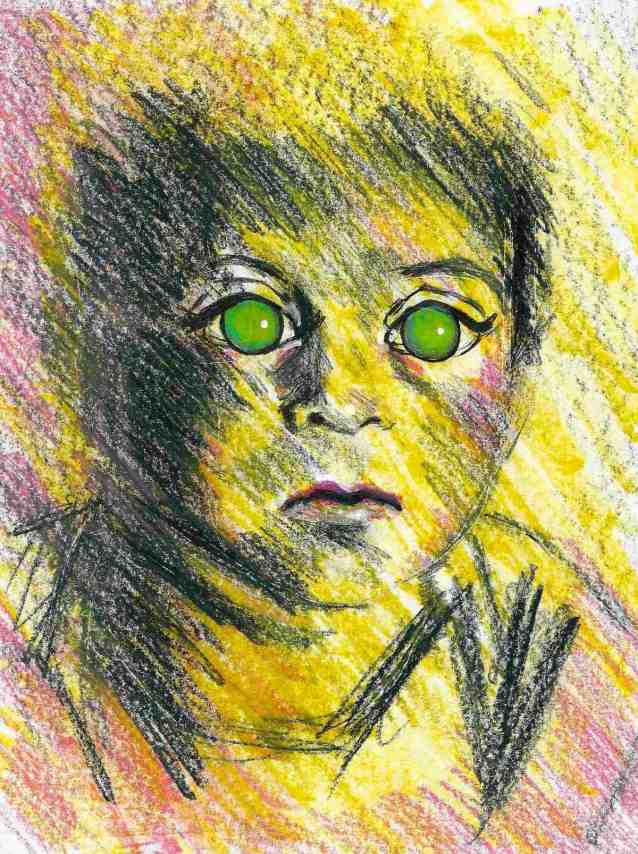 boy with green glowing eyes